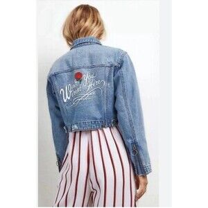 Volcom Stone Row Cropped Jean Jacket “Wish You Weren’t Here” Embroidered Rose L